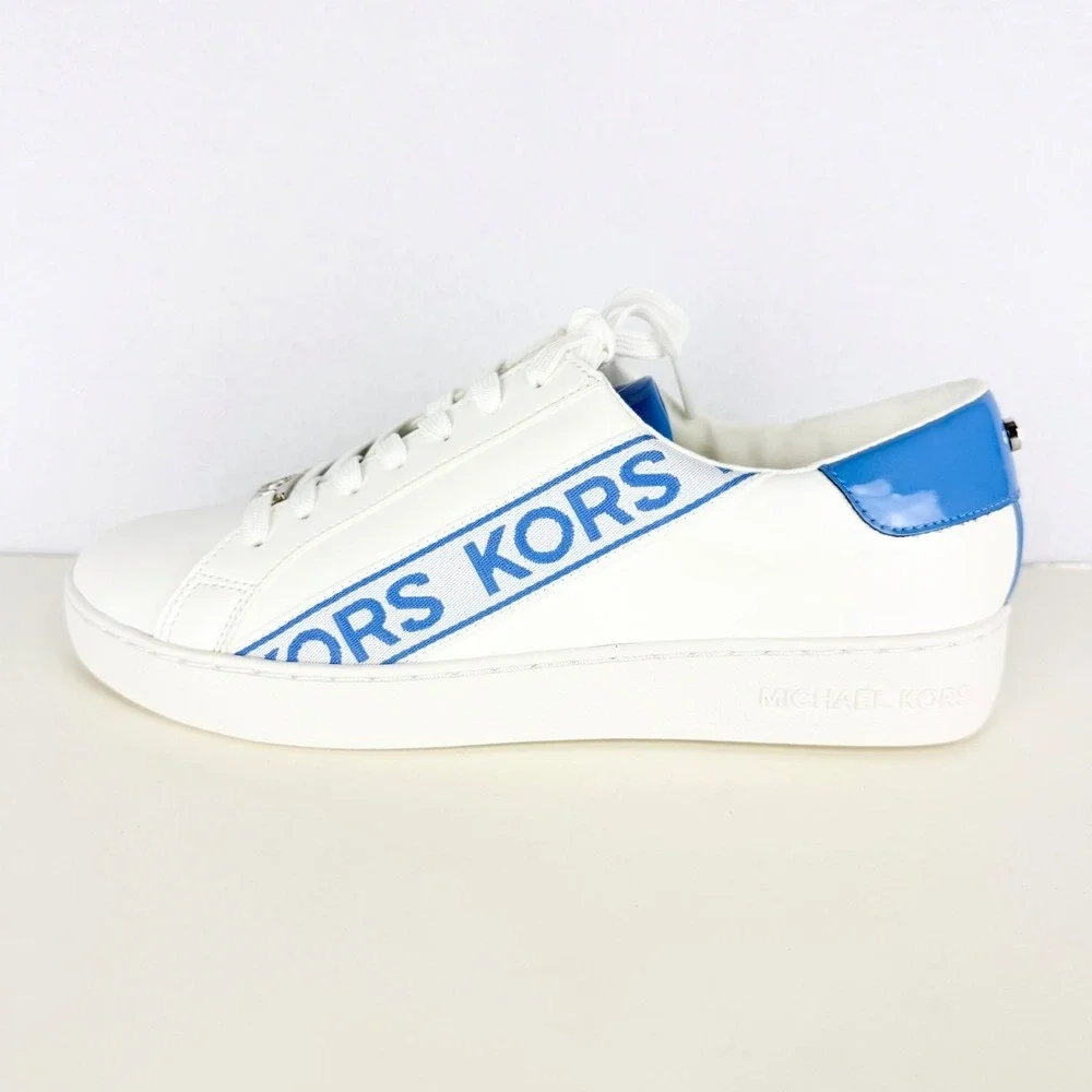 Michael Kors Women's KORS Print Side Faux Leather White Blue Sneakers Sz 7M NWOT